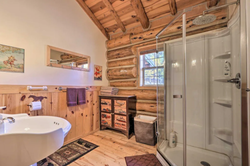 Cozy log cabin bathroom featuring a shower, sink, wooden accents, and natural light from a window.