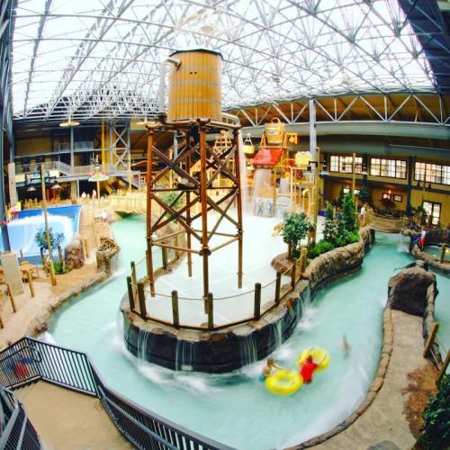 Indoor water park featuring a large water tower, lazy river, and various water attractions surrounded by greenery.