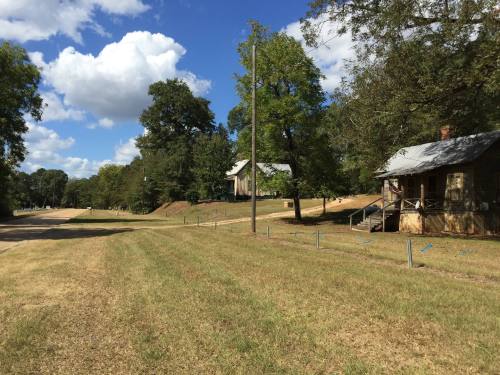 A quiet rural road lined with trees and two houses under a blue sky with fluffy clouds.