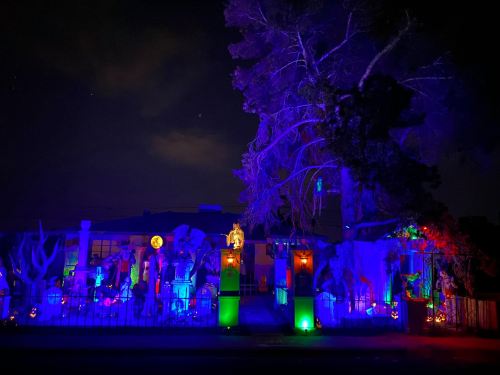 A spooky Halloween display with colorful lights, skeletons, and decorations in a dark, nighttime setting.