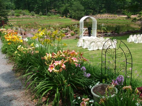 A beautiful garden setting with colorful flowers, chairs arranged for a ceremony, and a white arch in the background.