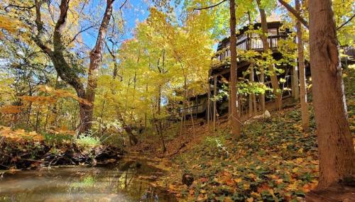 A serene scene of a wooded area with vibrant autumn leaves and a house perched on a hillside by a small stream.
