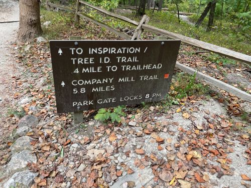 Signpost indicating directions to trails: Inspiration Trail, Tree ID Trail, and Company Mill Trail, with distance and park gate info.