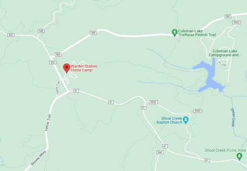 Map showing Warden Station Horse Camp location, nearby trails, and Coleman Lake Campground in a forested area.