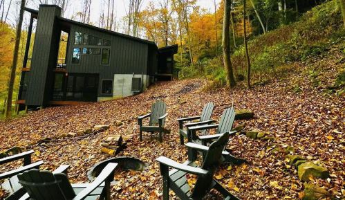 A modern cabin surrounded by autumn foliage, with a fire pit and Adirondack chairs on a leaf-covered hillside.