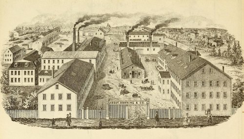 Historic illustration of a factory complex with smoke stacks, buildings, and people, labeled "Abbott, Downing & Co."
