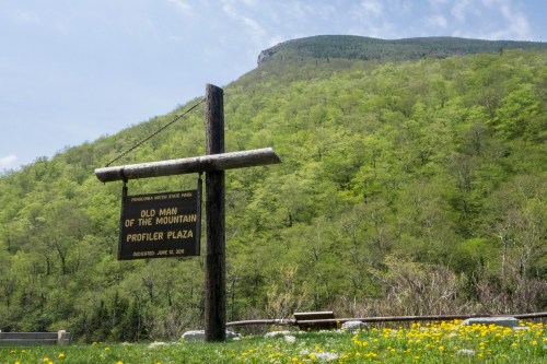 Sign for "Old Man of the Mountain Profiler Plaza" in Franconia Notch State Park, with green mountains in the background.