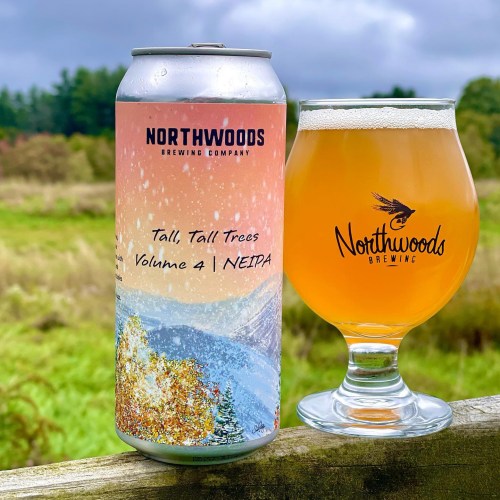 A can of Northwoods Brewing Company's NEIPA beside a glass of beer, set against a scenic outdoor background.