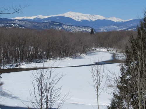 Snow-covered mountains rise above a frozen river, surrounded by bare trees under a clear blue sky.