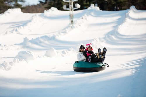 A person and a child joyfully sledding down a snowy hill in a green tube, surrounded by winter scenery.