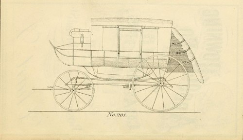 Illustration of a vintage horse-drawn carriage, featuring large wheels and a covered body.