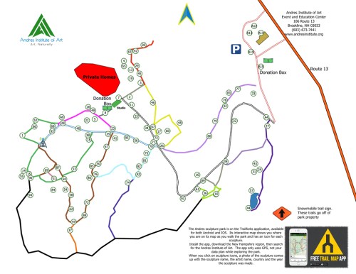 Map of the Andra Institute of Art, showing trails, parking, donation box, and private homes.