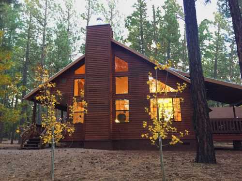 A cozy wooden cabin surrounded by tall trees, with warm light glowing from its windows in a serene forest setting.