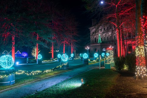 A festive night scene with colorful holiday lights illuminating trees and a building, creating a cheerful atmosphere.