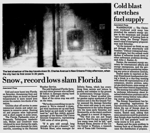 A newspaper clipping reporting on severe winter weather affecting Florida and New Orleans, with record low temperatures.