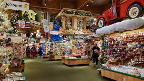 A festive store filled with Christmas decorations, trees, and ornaments, with shoppers browsing the aisles.