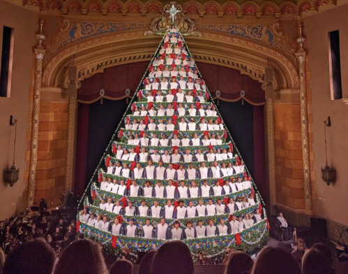 A large Christmas tree made of people in white shirts, decorated with greenery and red ribbons, in a theater setting.