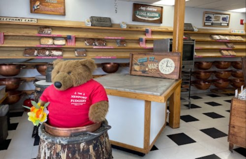A bear in a red shirt sits in a candy shop, surrounded by fudge displays and wooden shelves.