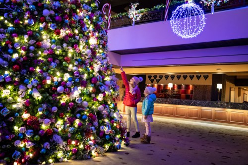 Two children admire a brightly lit Christmas tree decorated with colorful ornaments in a festive indoor setting.