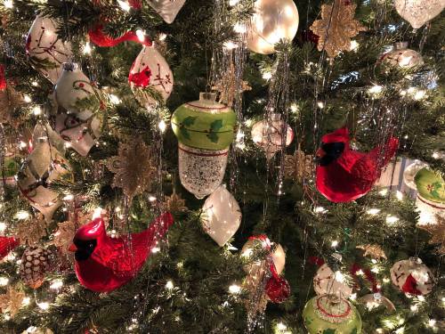 A decorated Christmas tree with red cardinal ornaments, shiny baubles, and twinkling lights.