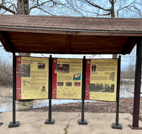 Three informational panels under a wooden shelter, detailing Mississippi's bear hunt and conservation efforts.