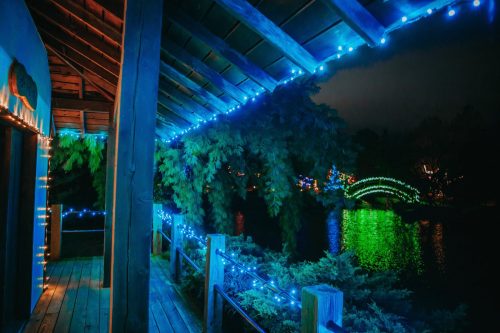 A serene night scene featuring a wooden deck adorned with blue lights, overlooking a lake with colorful reflections.