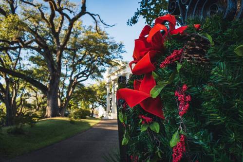 A festive wreath with red bows and greenery, set against a backdrop of trees and a pathway leading to a building.