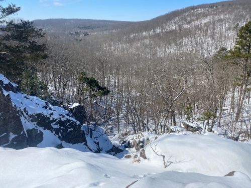 A snowy landscape with rocky outcrops and bare trees, set against a clear blue sky.