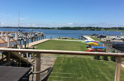 View of a marina with boats, a grassy area, and colorful kayaks under a clear blue sky.