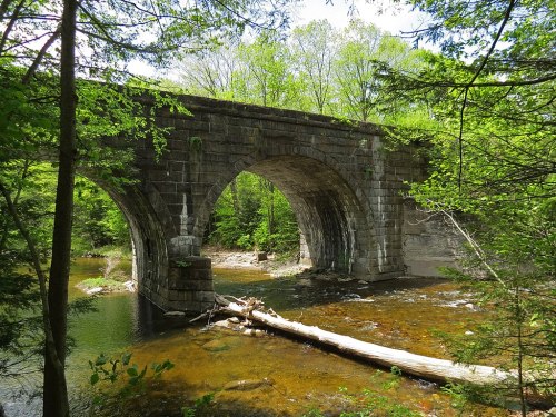 Stone bridge with two arches over a clear stream, surrounded by lush green trees and a serene natural landscape.