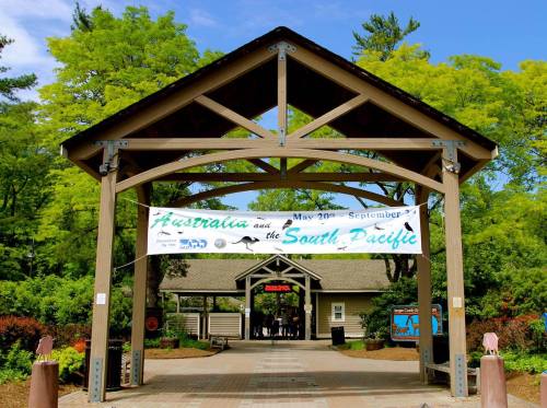 Entrance to a building with a wooden archway, featuring a banner about Australia and the South Pacific. Lush greenery surrounds it.