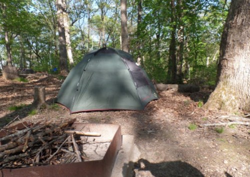 A green tent set up in a wooded campsite, with a fire pit and scattered sticks nearby.