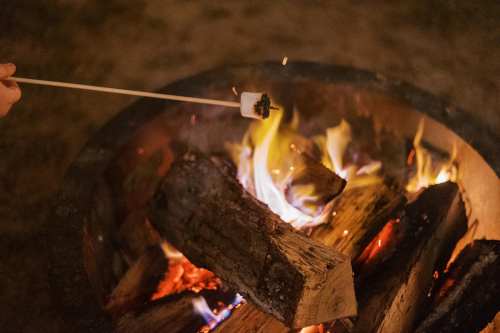 A hand holds a marshmallow on a stick over a crackling campfire with glowing flames and logs.