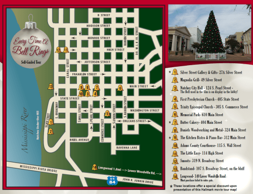 Map of a self-guided tour featuring locations and landmarks, including shops, churches, and a Christmas tree.