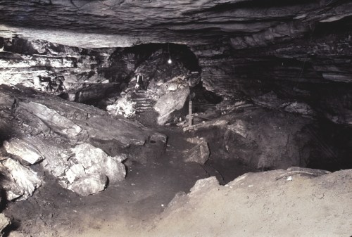 A dimly lit cave interior with rocky formations and a pathway, featuring a person in the background.