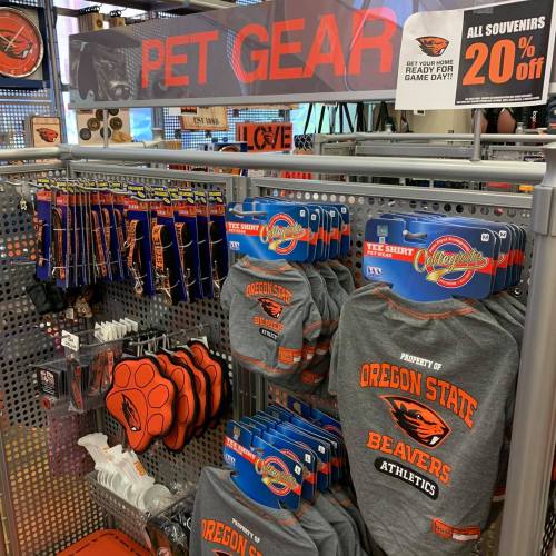 Display of Oregon State Beavers pet gear, including shirts and accessories, with a sign offering 20% off souvenirs.