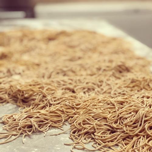 A close-up of freshly made, uncooked pasta spread out on a surface, showcasing its long, thin strands.