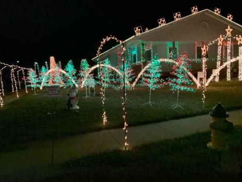 A house decorated with colorful Christmas lights, featuring illuminated trees and festive decorations in the yard.