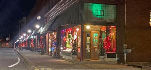 A festive storefront decorated with Christmas lights and trees, glowing warmly at night along a quiet street.