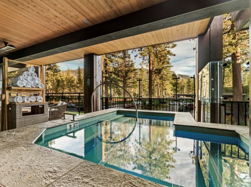 A serene outdoor pool area surrounded by trees, featuring a hot tub and cozy seating under a wooden roof.