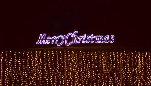 Neon "Merry Christmas" sign illuminated above a backdrop of twinkling golden lights.