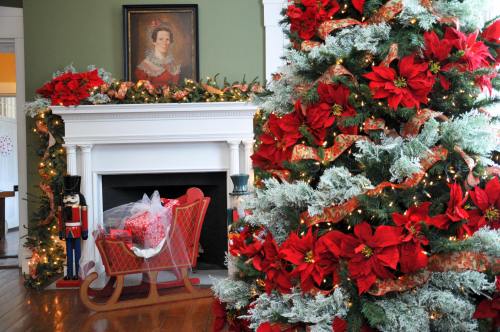 A festive room with a decorated Christmas tree, red poinsettias, a sleigh, and a portrait above the fireplace.