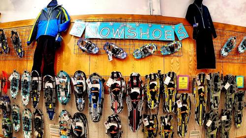 A display of various snowshoes hanging on a wall, with a blue sign reading "SNOWSHOES" above them.