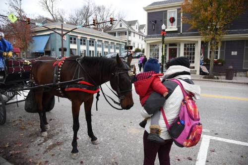 A woman holds a child while standing next to a horse-drawn carriage on a street decorated for the holidays.