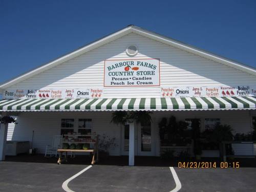 A country store with a white exterior, green awning, and signs for peaches, pecans, candies, and ice cream.