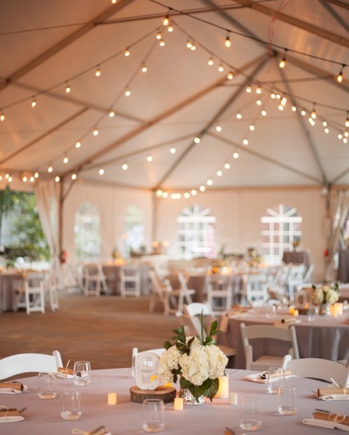 A beautifully decorated tented event space with tables, floral centerpieces, and string lights overhead.