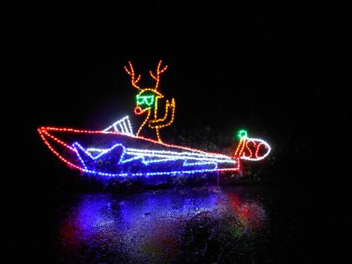A colorful light display of a reindeer wearing sunglasses on a boat, set against a dark background.