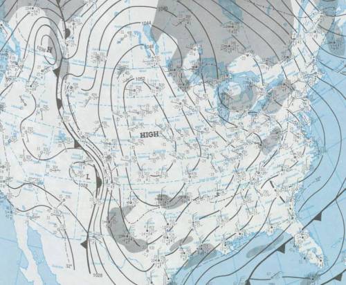 Weather map of the United States showing high and low pressure systems with contour lines and temperature data.