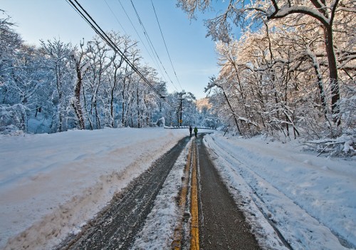 A snow-covered road flanked by trees, with two people walking in the distance under a clear blue sky.