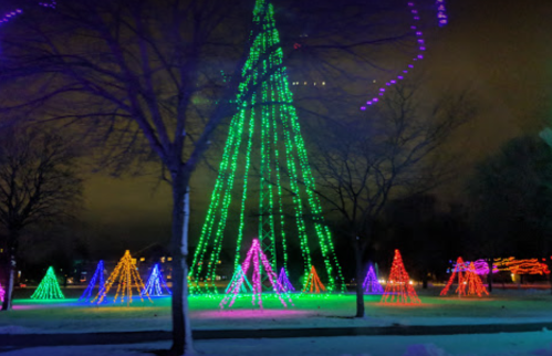 Colorful holiday lights illuminate trees in a park, creating a festive atmosphere against a dark sky.